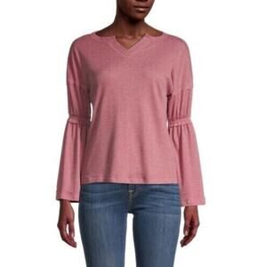Baea Women's V-Neck Flare Long Sleeve‎ Thermal Top In Blush Pink Medium MSRP $78